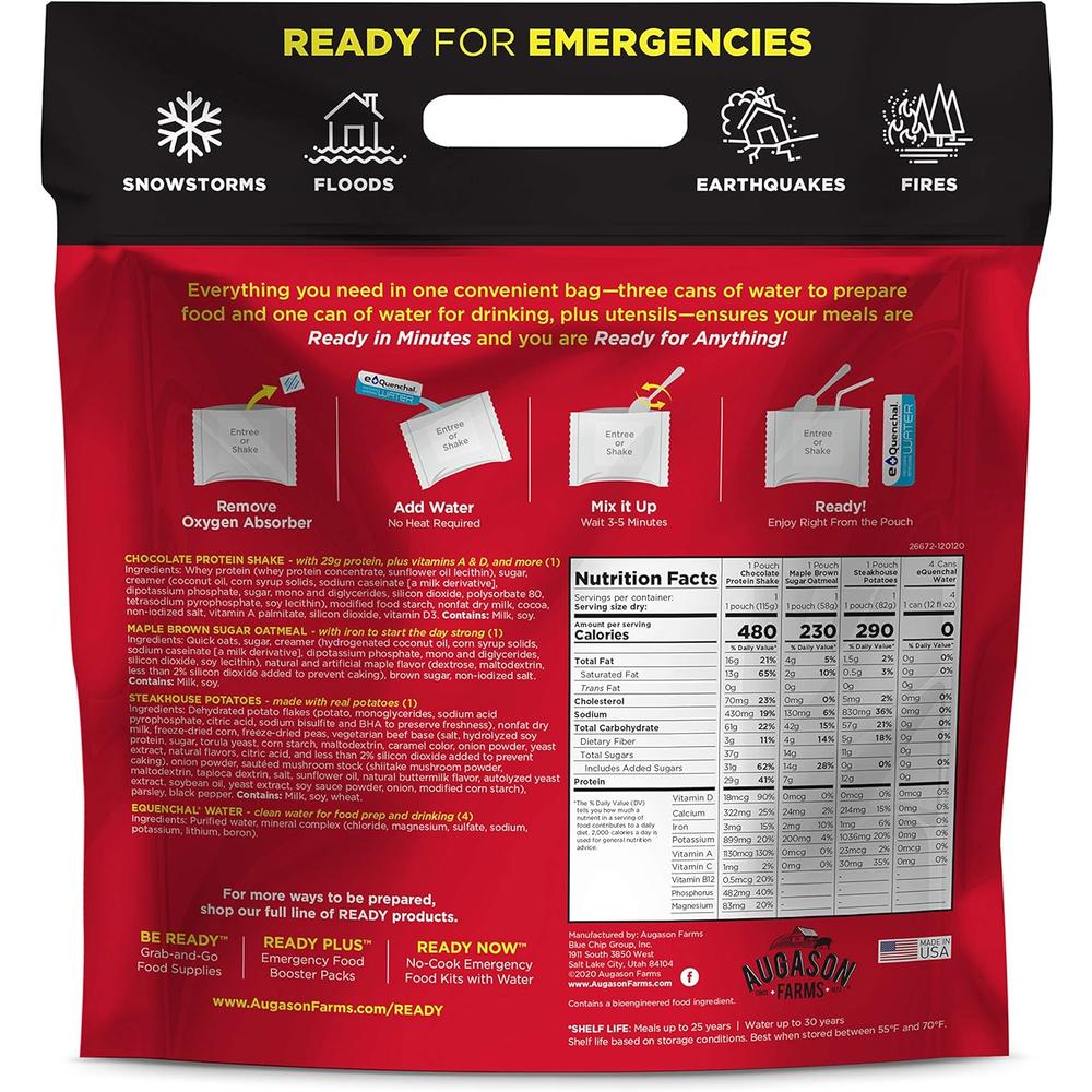 Augason Farms Ready Now Emergency Food Supply with Steakhouse Potatoes | Includes Emergency Water and Utensils | Prep-in-Pouch Meals | Campin