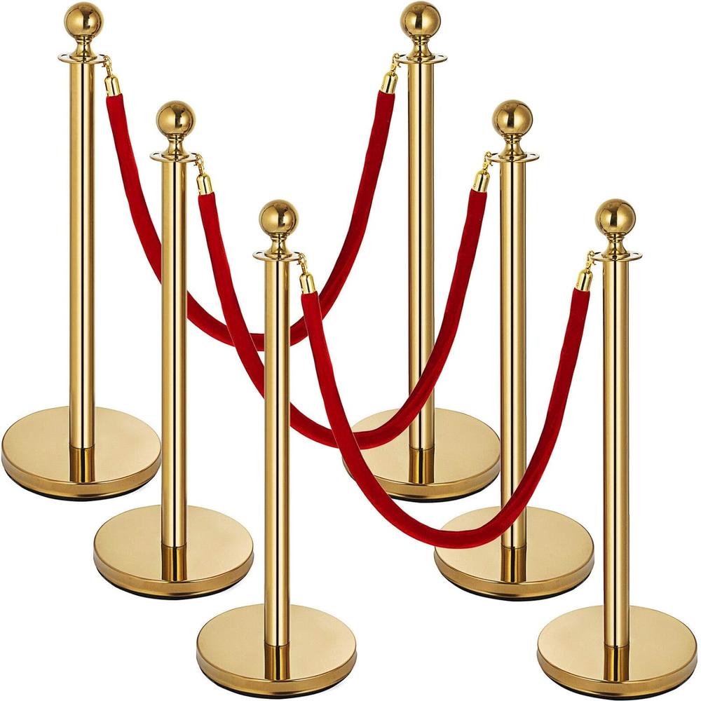Generic Gold Stanchion Set 6PCS, Stanchion Posts Queue Pole 5Ft 3 Red Velvet Ropes Crowd Control Barrier