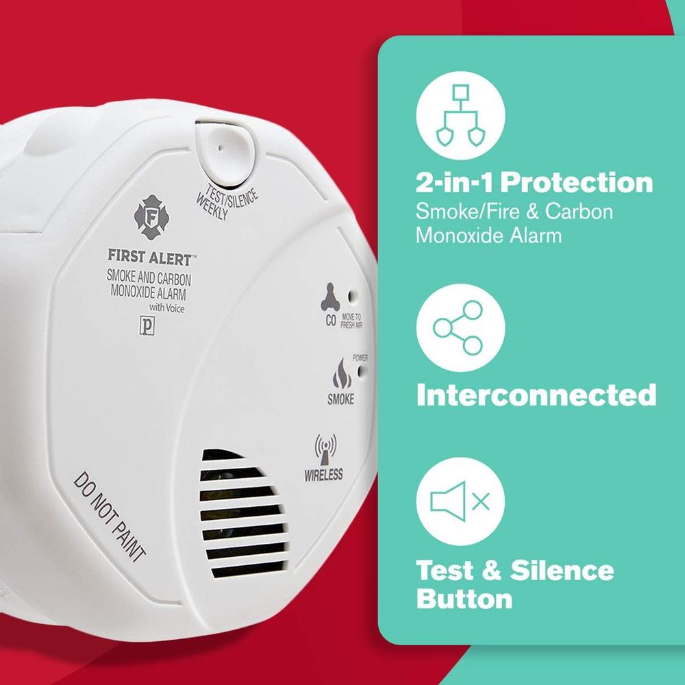 First Alert SCO501CN-3ST Wireless Interconnected Combination Smoke and Carbon Monoxide Alarm with Voice Location, Battery Opera
