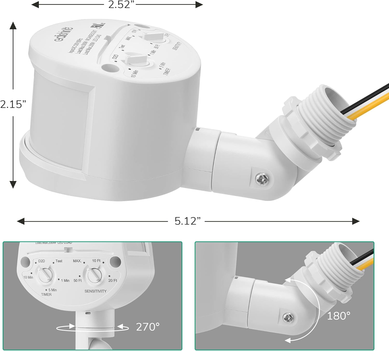 EDISHINE Motion Sensor, Automatic Dusk to Dawn, 120V AC Motion PIR Sensor, Adjustable Delay Time