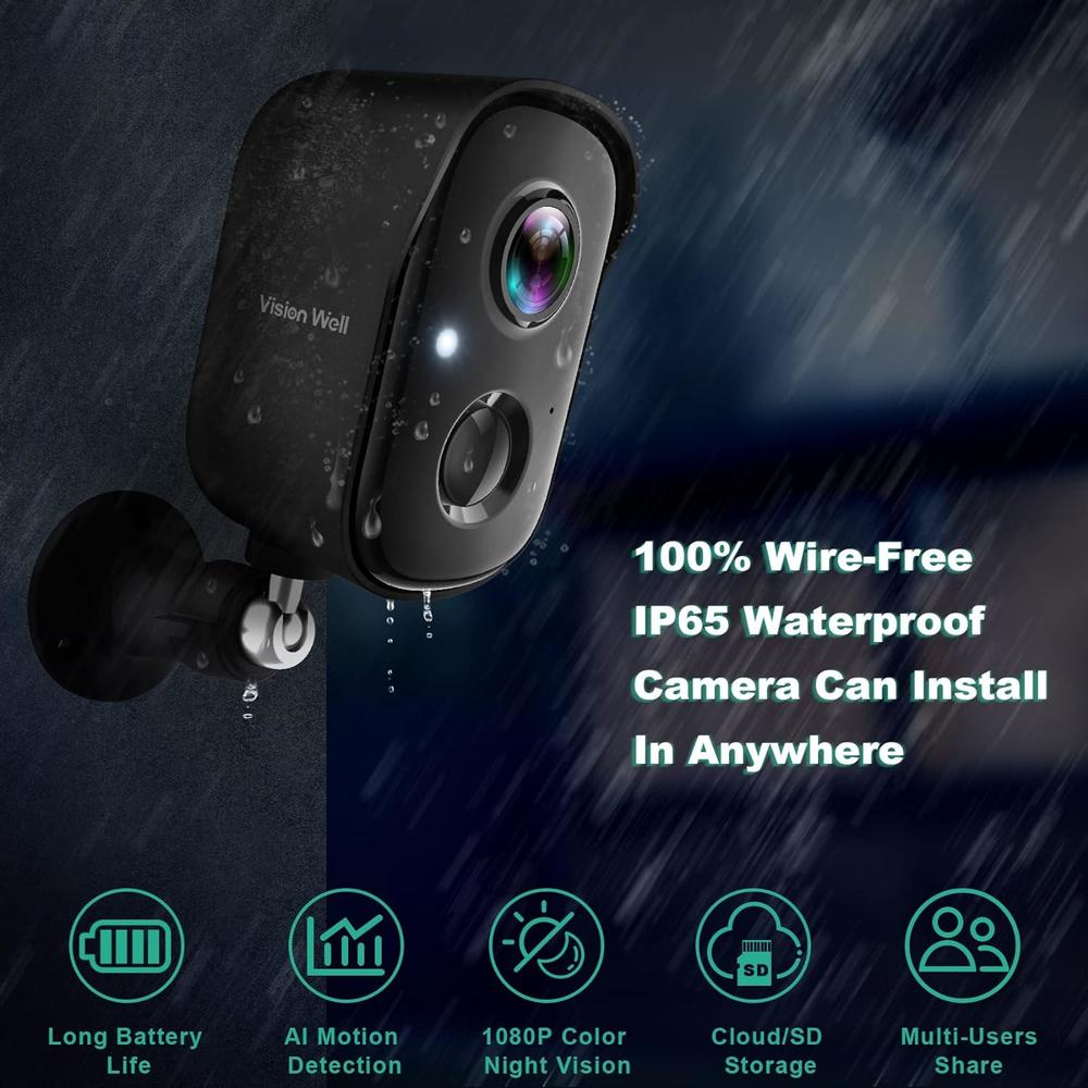 VISION WELL Security Cameras Wireless Outdoor, 1080P Battery Powered AI Motion Detection Spotlight Siren Alarm WiFi Surveillance Indoor Hom