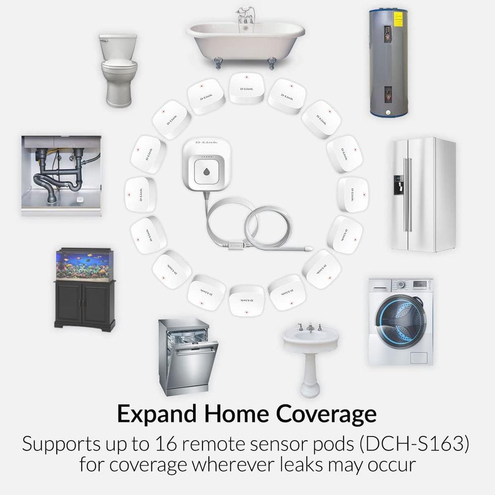D-Link Wi-Fi Water Leak Sensor and Alarm Starter Kit, Whole Home System with App Notification, AC Powered, No Hub Required (DCH