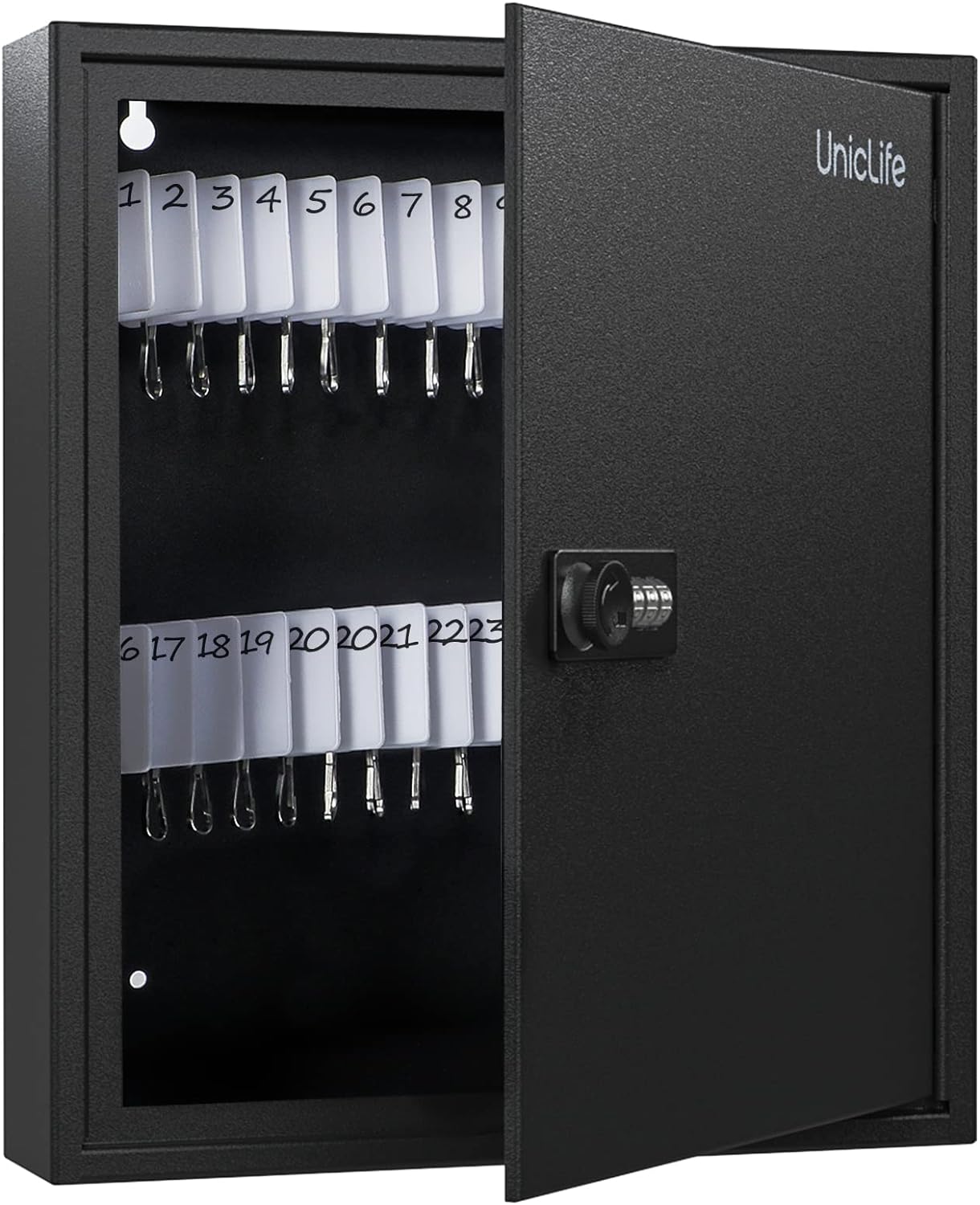 Uniclife 60-Key Slotted Key Cabinet with Combination Lock Wall Mounted Steel Key Organizer with Resettable Code Black Digital Security B