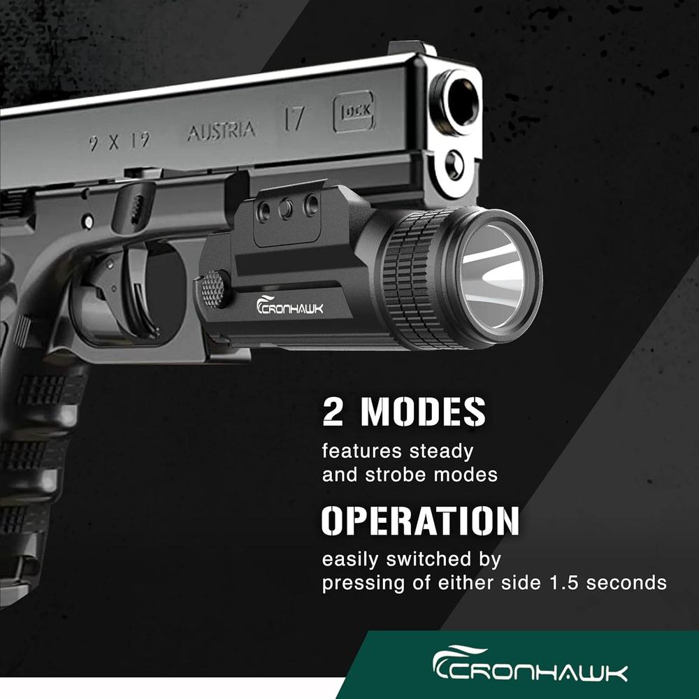 CRONHAWK Pistol Flashlight Rechargeable 700 Lumen Rail Mounted Tactical Flashlight Compact Weapon Light for Gun Light fits Picatinny Glo