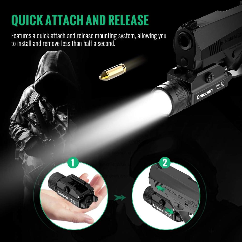Gmconn 1200 Lumens Rail Mounted Compact Pistol Light LED Strobe Tactical Gun Flashlight Weaponlight for Picatinny MIL-STD-1913 and Glo