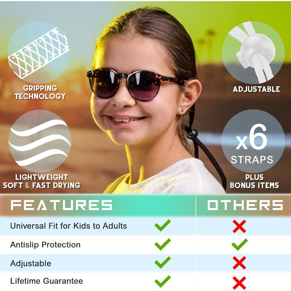 25th and Dove LLC 6 Pack Sunglass Glasses Straps Adjustable and Stretchy - Universal Fit for Kids to Adult Sunglasses - Active Sport Eyewear Reta