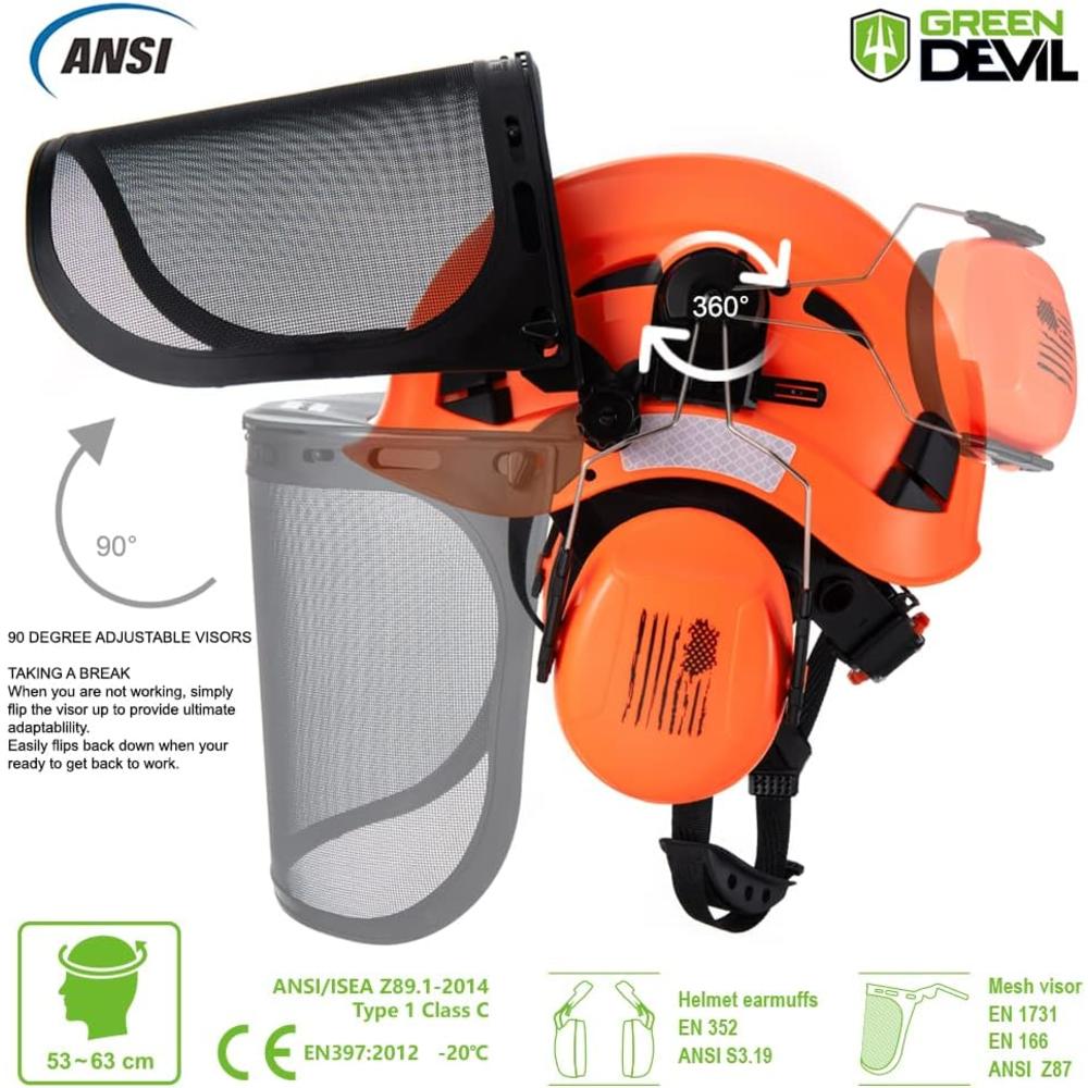 GREEN DEVIL SAFTY Forestry Safety Helmet Chainsaw Helmet with Mesh Face Shield and Ear Muffs 3 in 1 Forestry Hard Hat