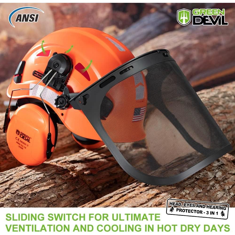 GREEN DEVIL SAFTY Forestry Safety Helmet Chainsaw Helmet with Mesh Face Shield and Ear Muffs 3 in 1 Forestry Hard Hat