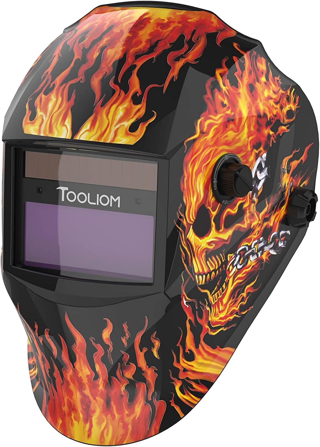 TOOLIOM Welding Helmet Auto Darkening Solar Powered with Adjustable Shade 4/9-13 for TIG MIG ARC Flaming Skull Design Welder Ma