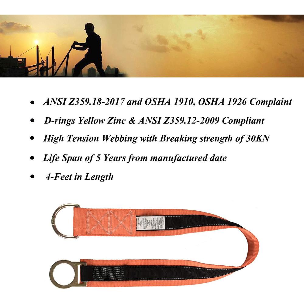 Generic WELKFORDER 4-Foot Cross Arm Strap with Large and Standard D-Rings Pass Thru Safety Anchorage Connector ANSI Complaint Persoanl