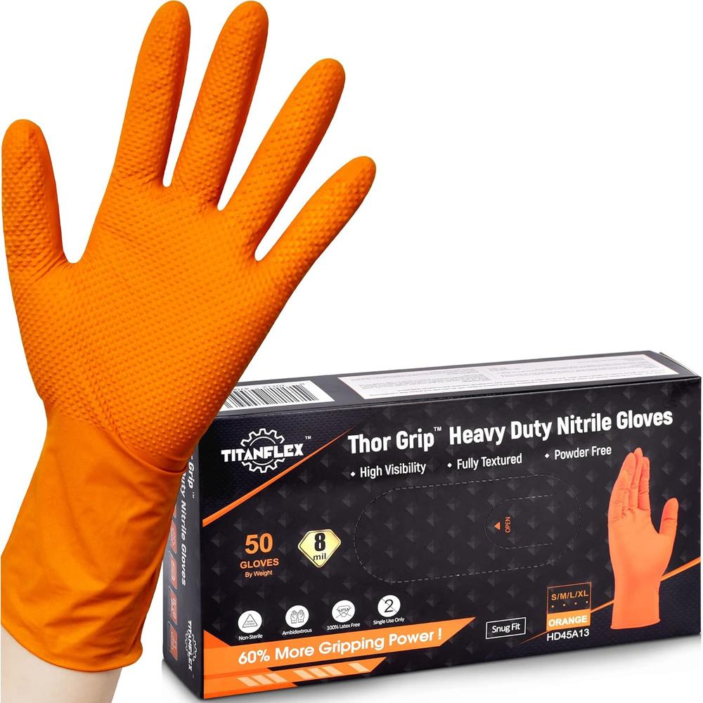 Generic TitanFlex Thor Grip Heavy Duty Industrial Orange Nitrile Gloves with Raised Diamond Texture, 8-mil, Latex Free, 50-ct Box