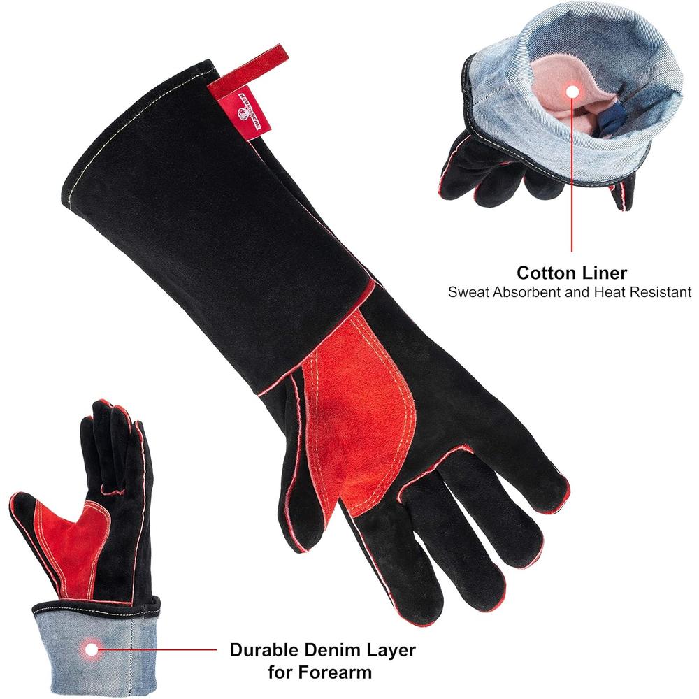 HereToGear Welding Gloves - 16IN - Large to XL Size - Fireproof and Heat Resistant - Great for Fireplaces, Fire Pits, Wood Stoves or Black