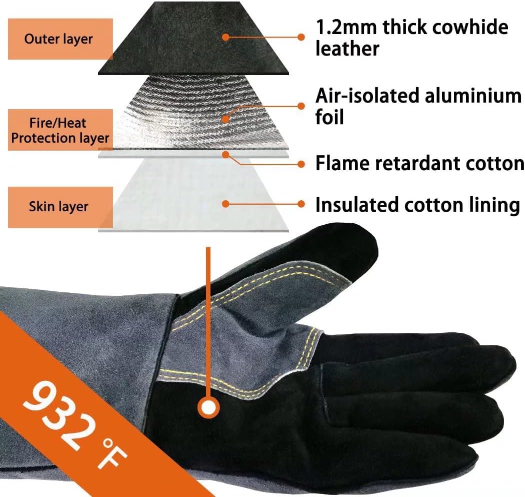 WZQH 16 Inches,932&#226;&#132;&#137;,Leather Forge Welding Gloves, Heat/Fire Resistant,Mitts for BBQ,Oven,Grill,Fireplac