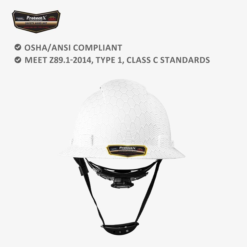 ProtectX Premium Full Brim Hard Hat, Cascos De Construccion for Safety, 6-Point Adjustable Ratchet Suspension, OSHA/ANSI Compliant