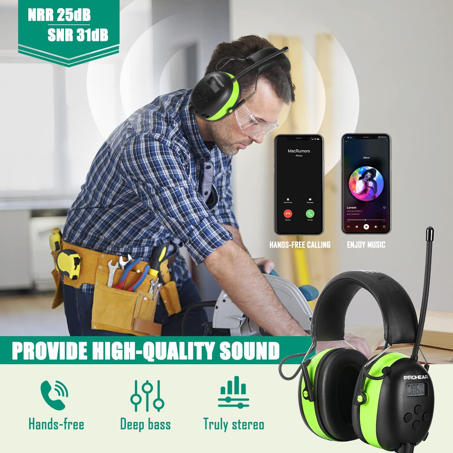 PROHEAR 033 Upgraded 5.1 Bluetooth Hearing Protection AM FM Radio Headphones, Noise Reduction Safety Earmuffs with Rechargeable 2000 mA