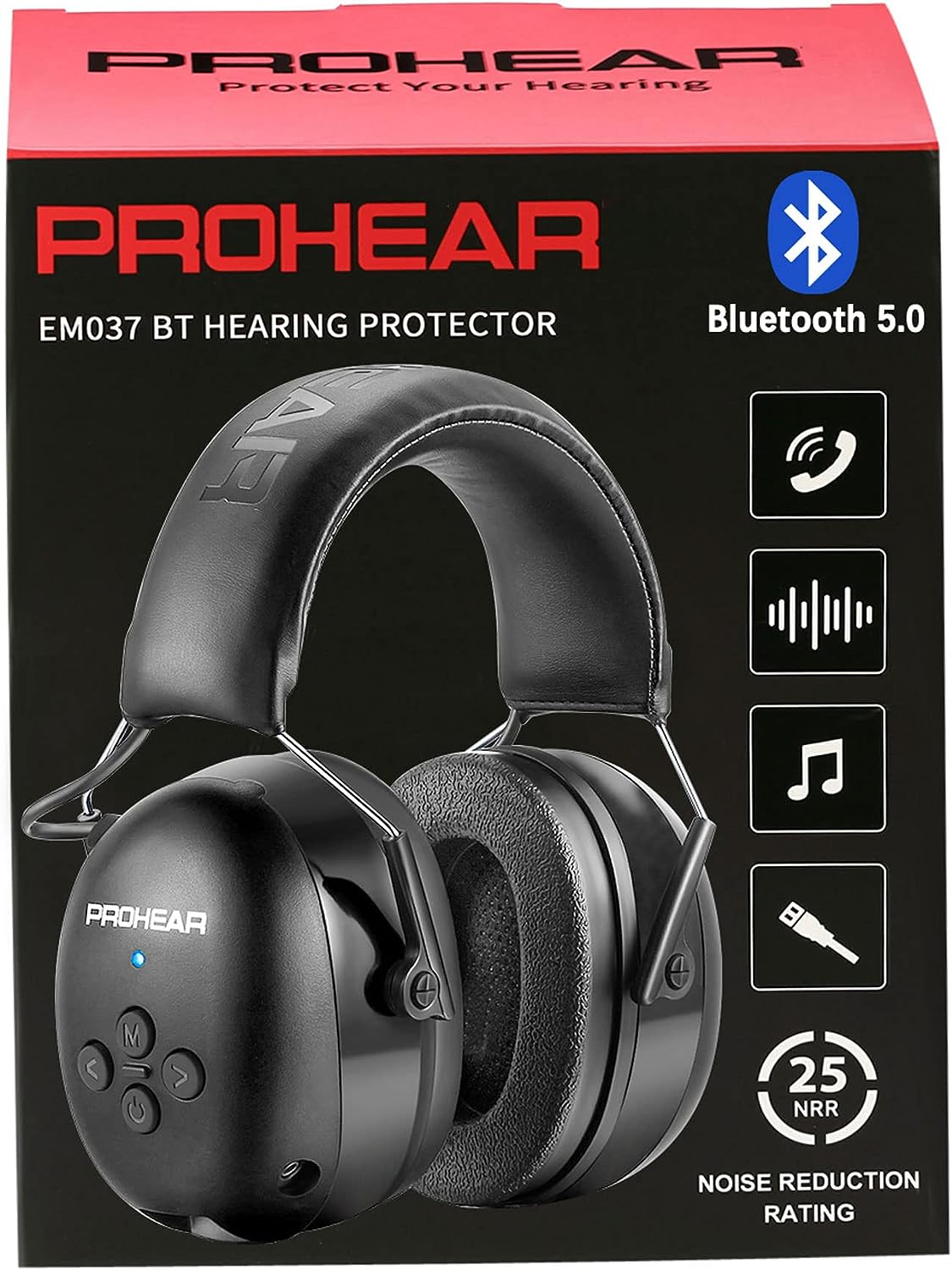 Generic PROHEAR 037 Bluetooth 5.0 Hearing Protection Headphones with Rechargeable 1100mAh Battery, 25dB NRR Safety Noise Reduction Ear