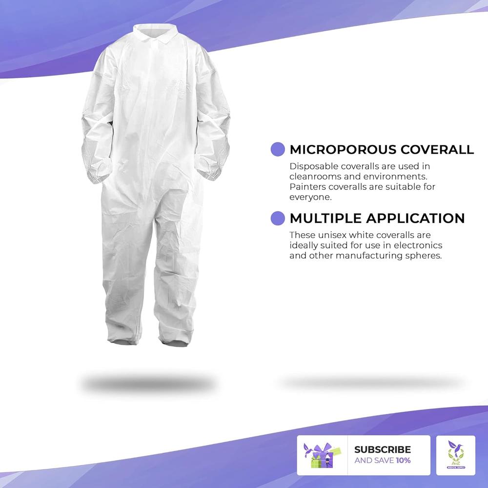 AMZ Medical Supply White Paint Coveralls Disposable. Adult Hazmat Suits Disposable Small. 60 gm/m2 Microporous Non Hooded Full Body Coveralls for
