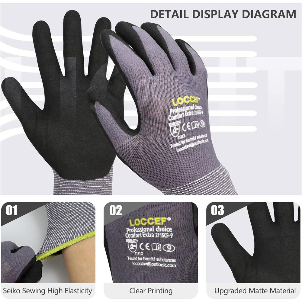 Generic LOCCEF Work Gloves MicroFoam Nitrile Coated-6 Pairs,Seamless Knit Nylon Gloves,Gray Work gloves