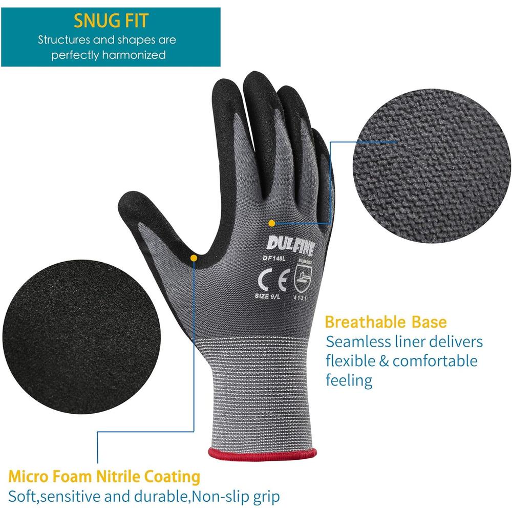 DULFINE Safety Work Gloves MicroFoam Nitrile Coated-3 Pairs Pack,Seamless Knit Nylon Glove with Black Micro-Foam Nitrile Grip,Ideal for