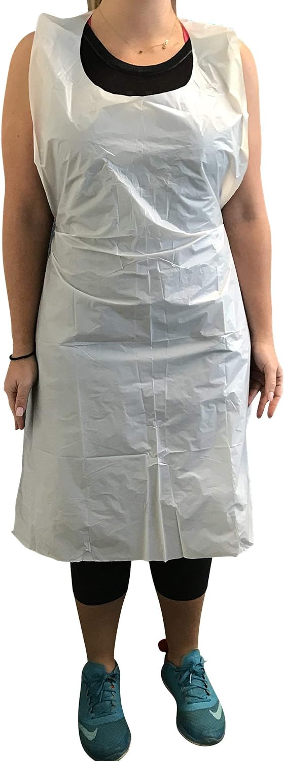 Generic KingSeal Bib Style Disposable Poly Aprons, 24 42 Inches, White, Individually Wrapped - 1 Box of 100 Aprons (100 Count)