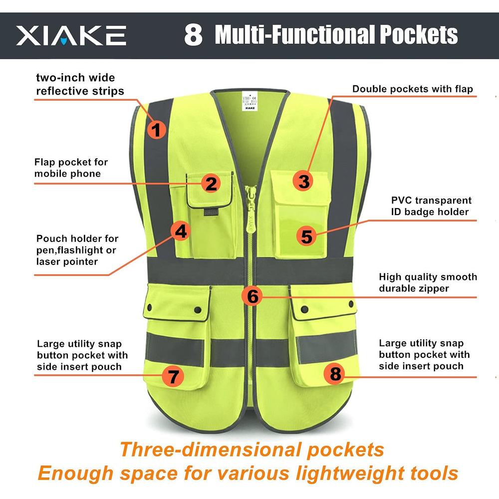 Generic XIAKE Class 2 High Visibility Reflective Safety Vests with 8 Pockets and Zipper Front,Meets ANSI/ISEA Standards