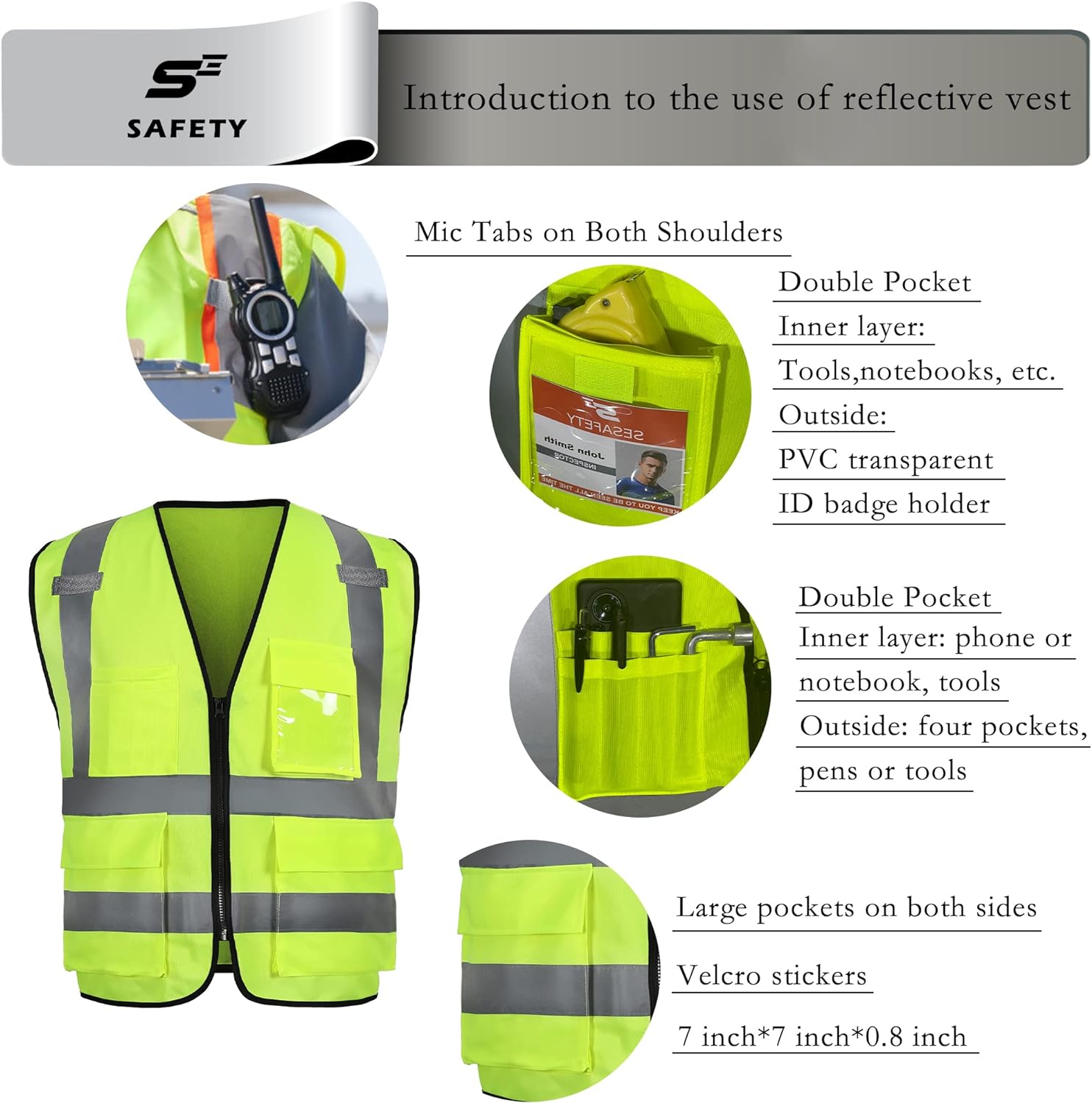 Linrundu SESafety Reflective Safety Vest with Pockets and Zipper, High Visibility Construction Vest, Hi Vis Vest, ANSI Class 2, Yellow,
