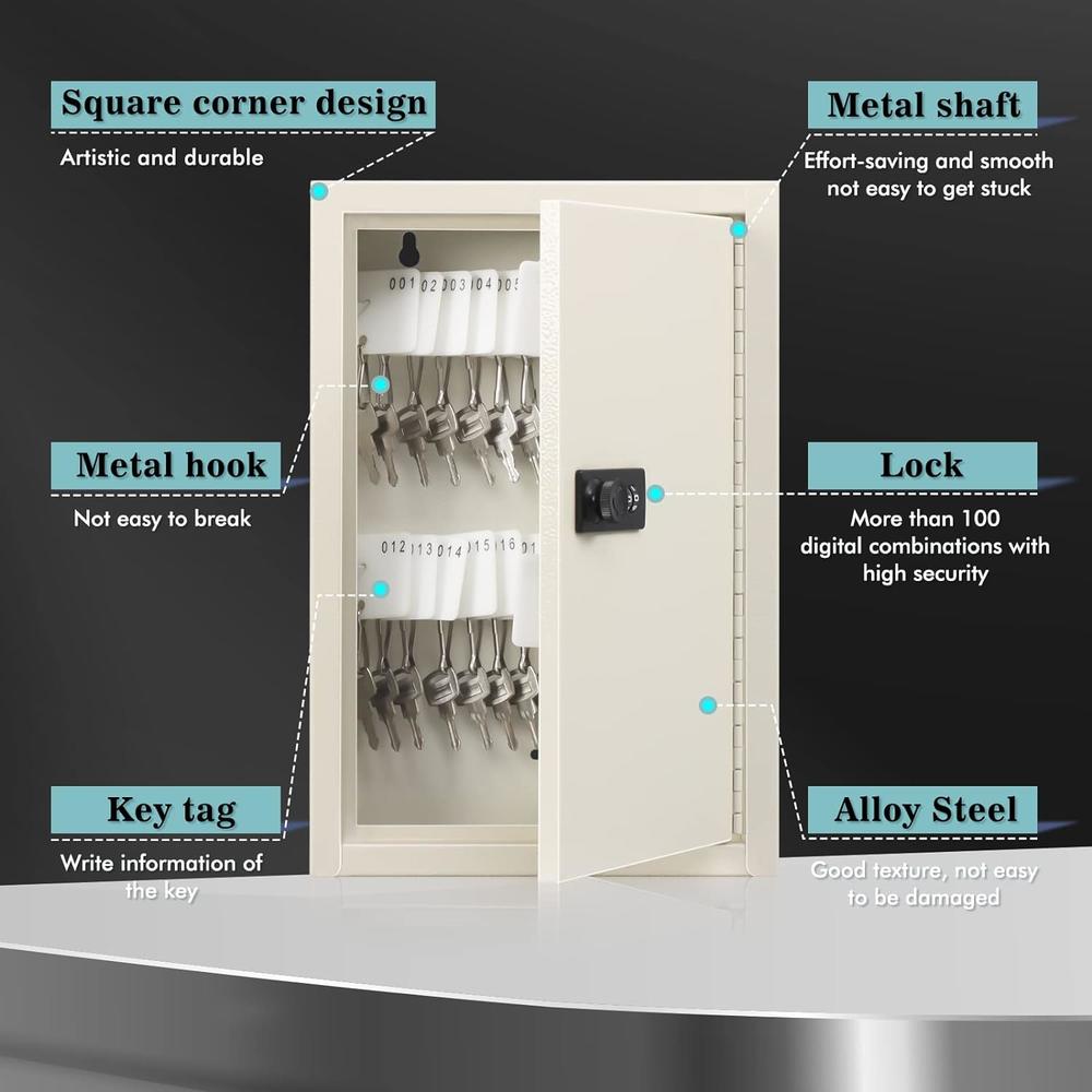 Dalmbox Key Cabinet with Combination Lock, Key Storage Box Wall Mount, Steel Security Locking Key Lock Box with Code, 40 Key Hooks and