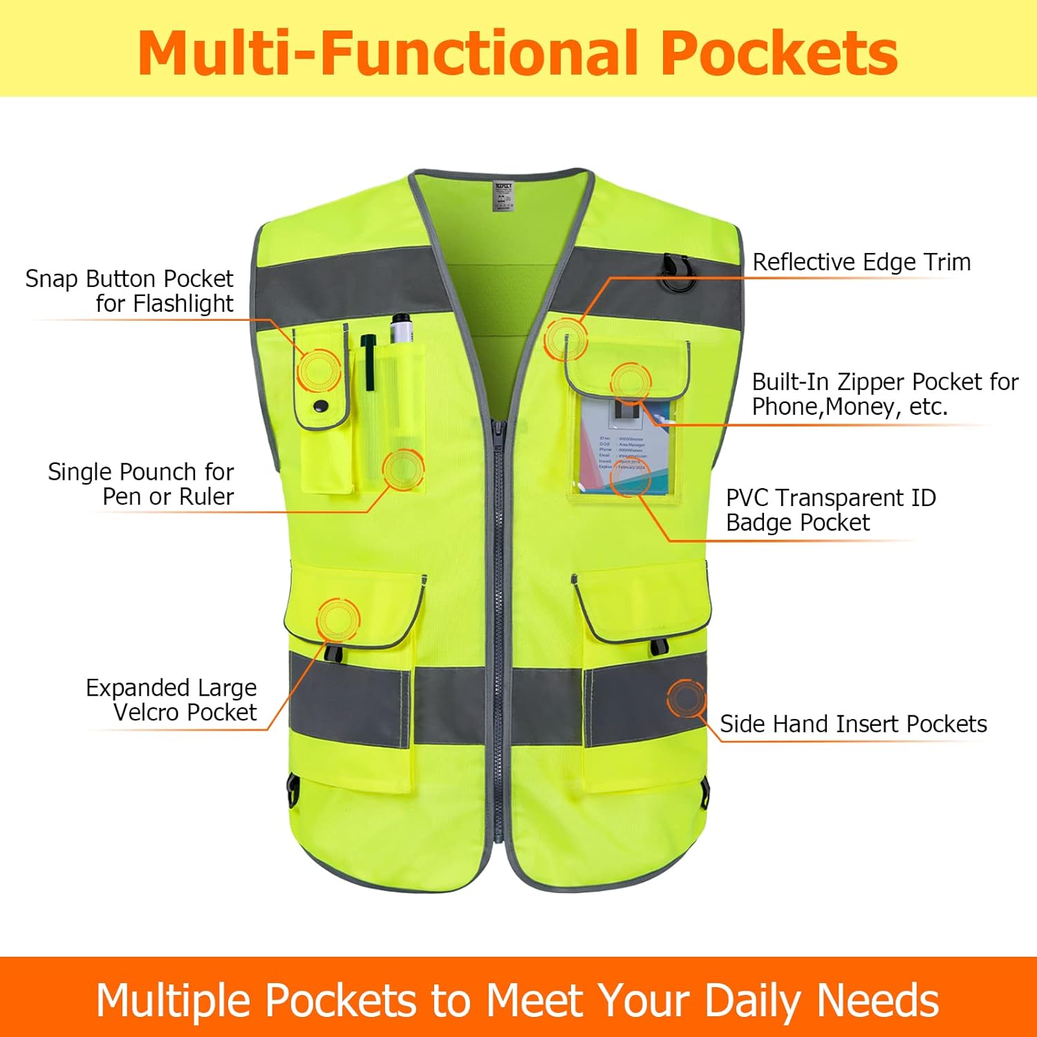 TCCFCCT Safety Vest for Men Women 9 Pockets High Visibility Reflective Vest for Safety, Work Vest with Reflective Strips, Meets ANSI/IS