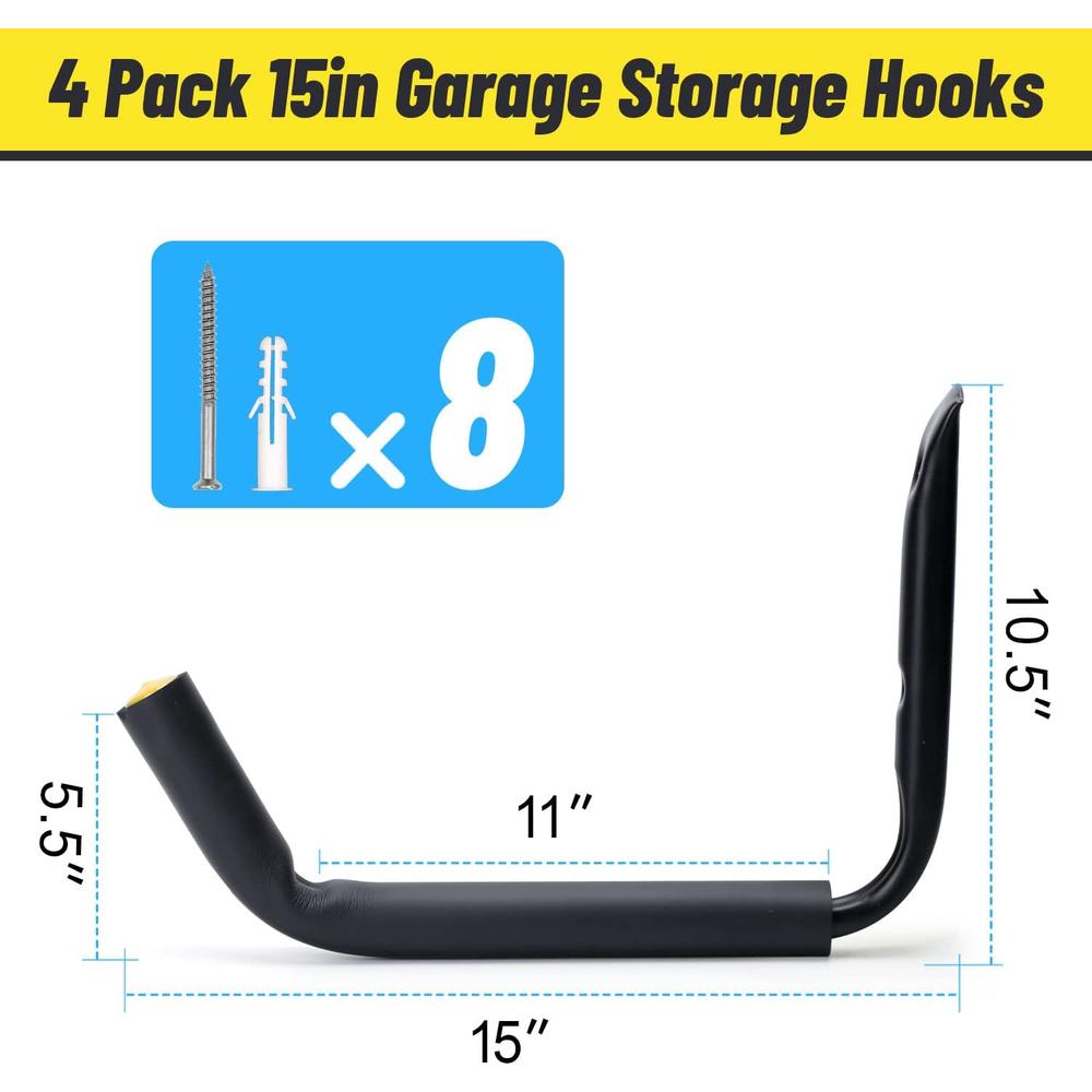 GEEDAR 100 LB Capacity (15") Heavy Duty Garage Storage Hooks (4packs) Kayak Storage Hanger Wall Mounted Rack for Hanging Ladders,