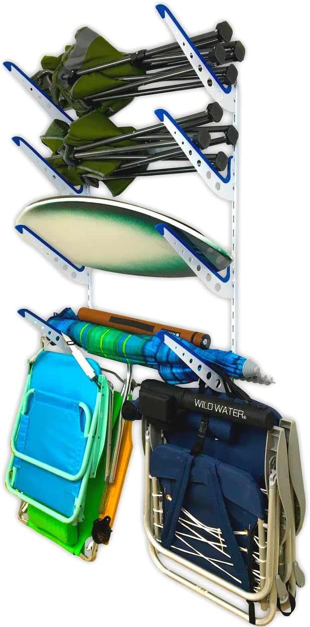 StoreYourBoard Beach Chair and Umbrella Wall Storage Rack, Metal Adjustable 4 Level Beach Gear Hanger, Garage and Home Organizer