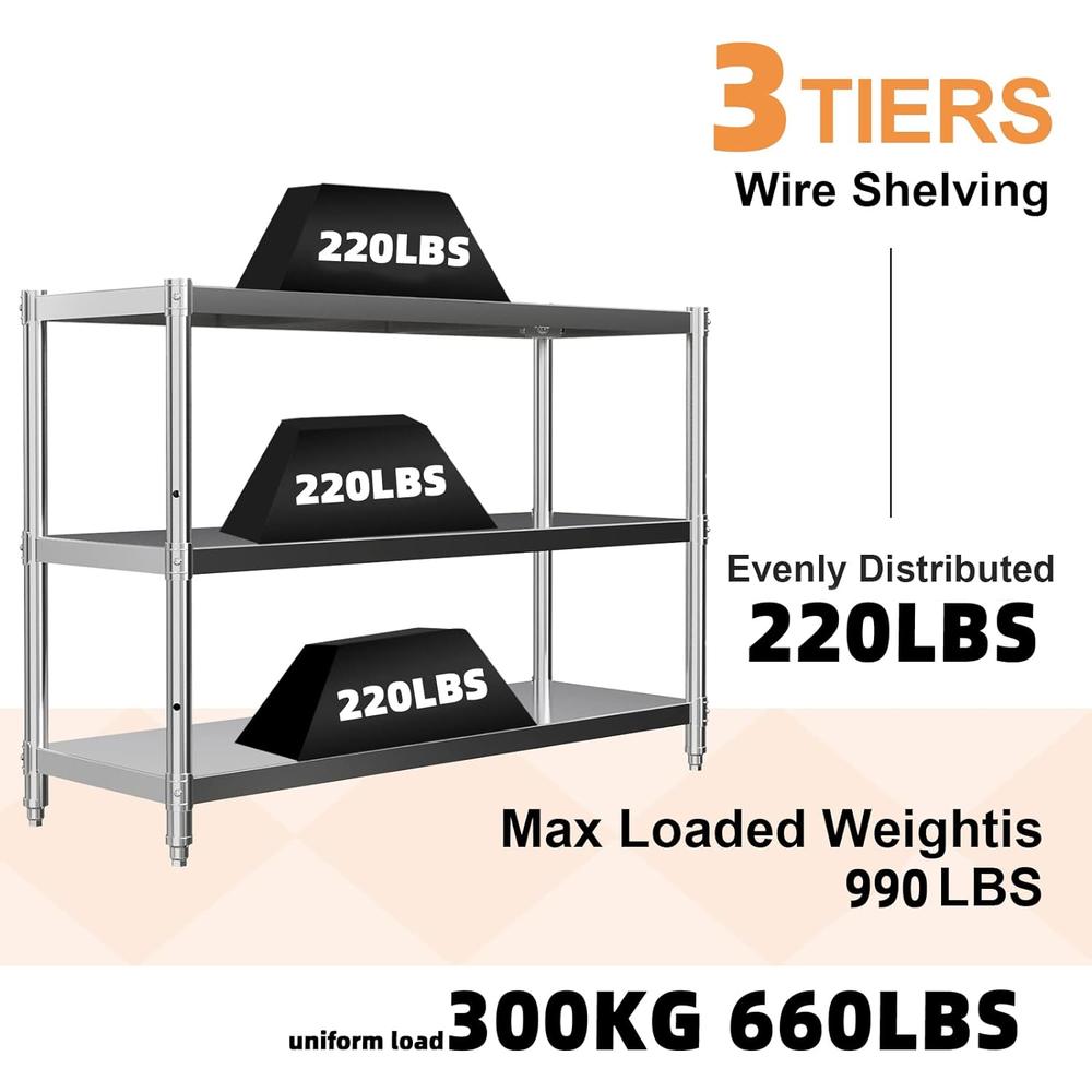 Guangfoshun Storage Shelves, 3Tier Shelf Adjustable Stainless Steel Shelves, Sturdy Metal Shelves Heavy Duty Shelving Units and Storage for