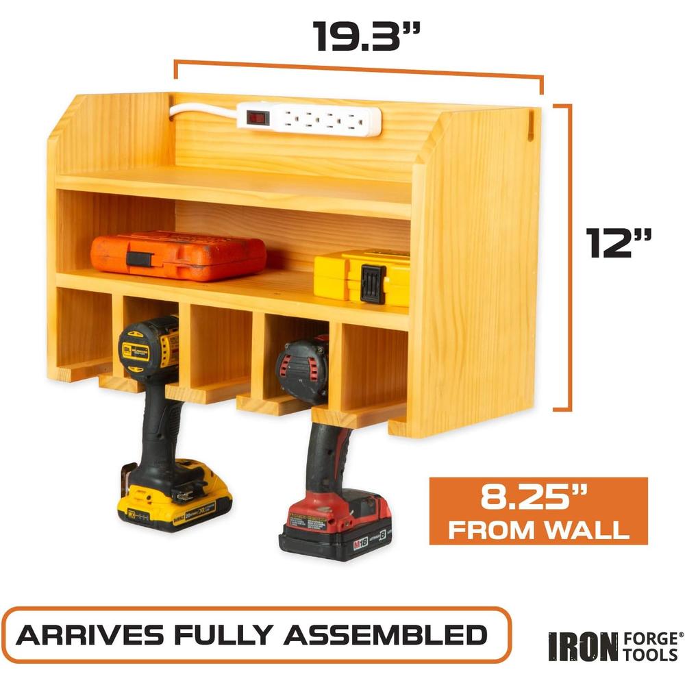 Iron Forge Tools Power Tool Organizer for Garage - Fully Assembled Wood Tool Chest and Drill Charging Station - Great Workshop Organization and
