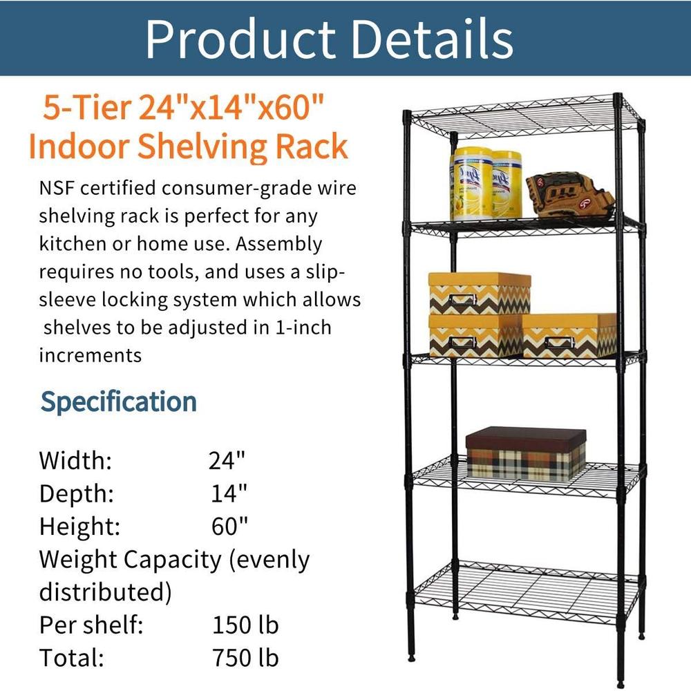 payhere Storage Metal Utility Shelves, 5-Tier 24" Steel Garage Storage Wire Shelving Unit,750Lbs Rust-Proof Storage Racks w/ Level