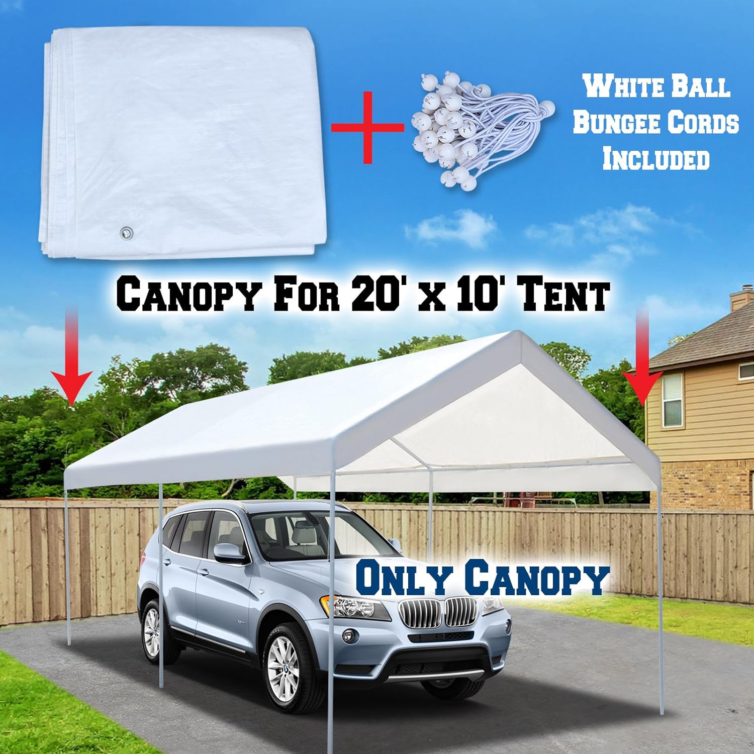 YARDGROW 10'x20' Carport Replacement Canopy Cover for Tent Top Garage Shelter Cover with Ball Bungees (Only Cover, Frame is not Included