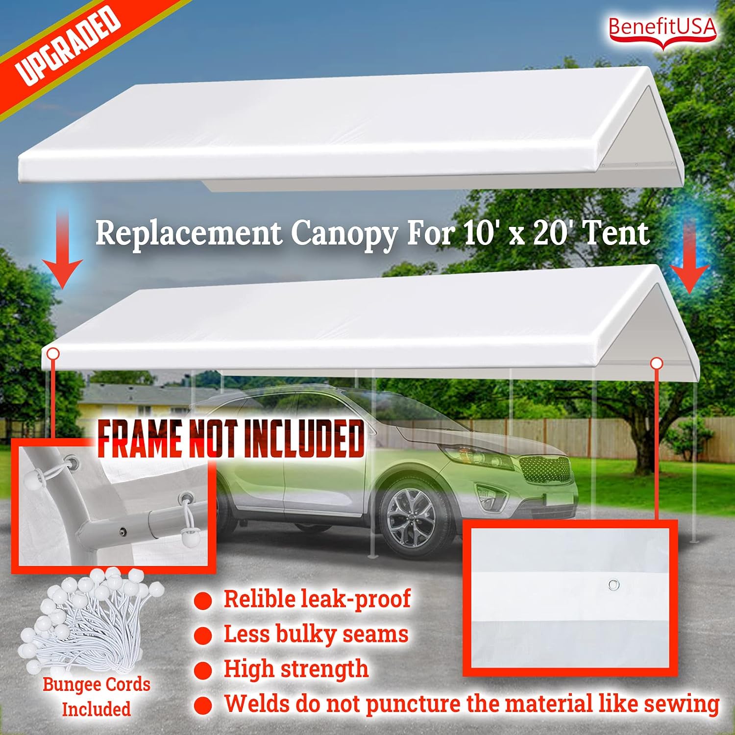 BenefitUSA 10x20' Waterproof Upgraded Carport Replacement Canopy Only Garage Top Cover Tent Shelter Tarp with Ball Bungee Cords,Frame is n