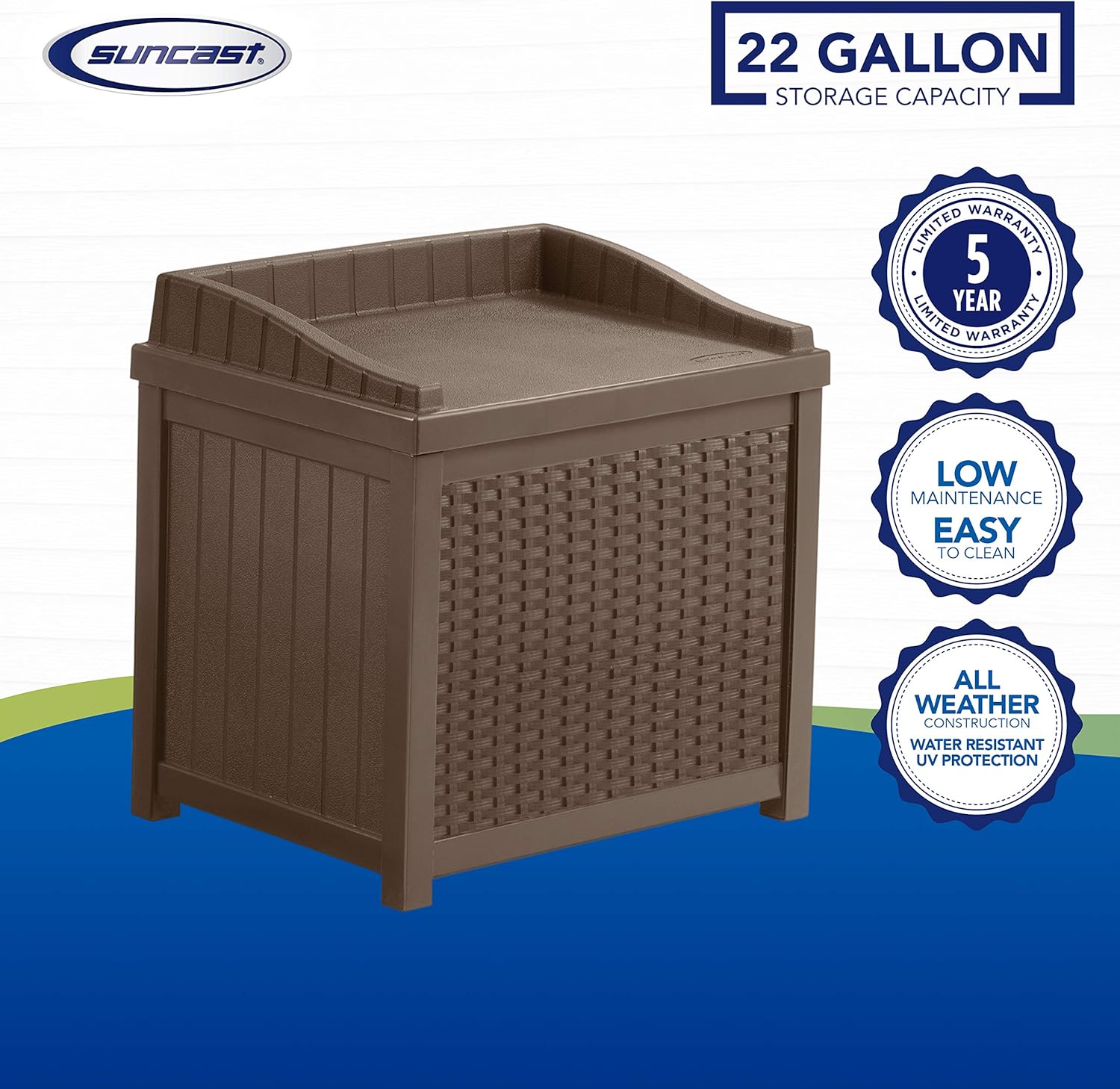 Suncast 22-Gallon Small Deck Box - Lightweight Resin Indoor/Outdoor Storage Container and Seat for Patio Cushions, Gardening Tools and