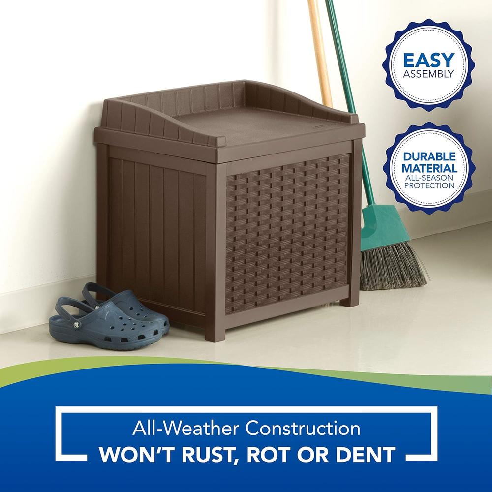 Suncast 22-Gallon Small Deck Box - Lightweight Resin Indoor/Outdoor Storage Container and Seat for Patio Cushions, Gardening Tools and