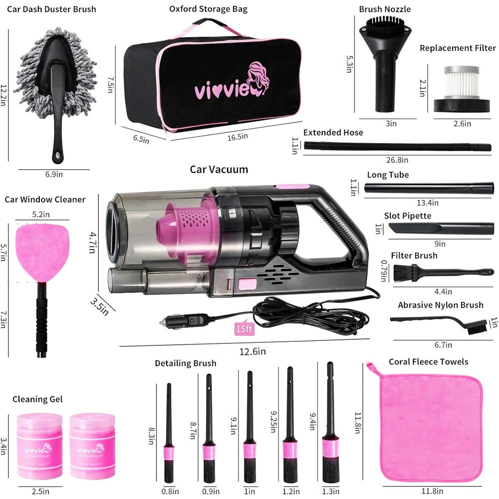 Generic Vioview 14Pcs Car Cleaning Kit, Pink Car Interior Detailing Kit with High Power Handheld Vacuum, Cleaning Gel, Detailing Brush