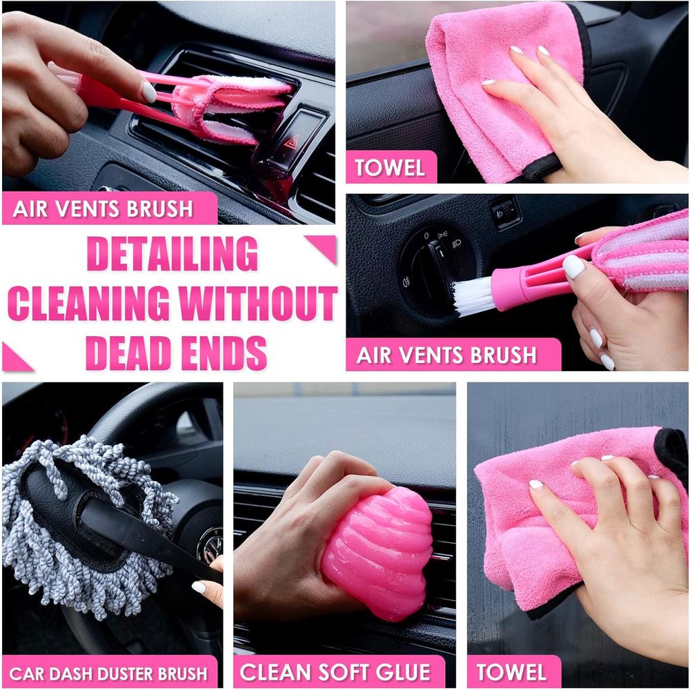 Viewsun 17pcs Car Cleaning Kit, Pink Car Interior Detailing Kit with High Power Handheld Vacuum, Detailing Brush Set, Windshield Cleane