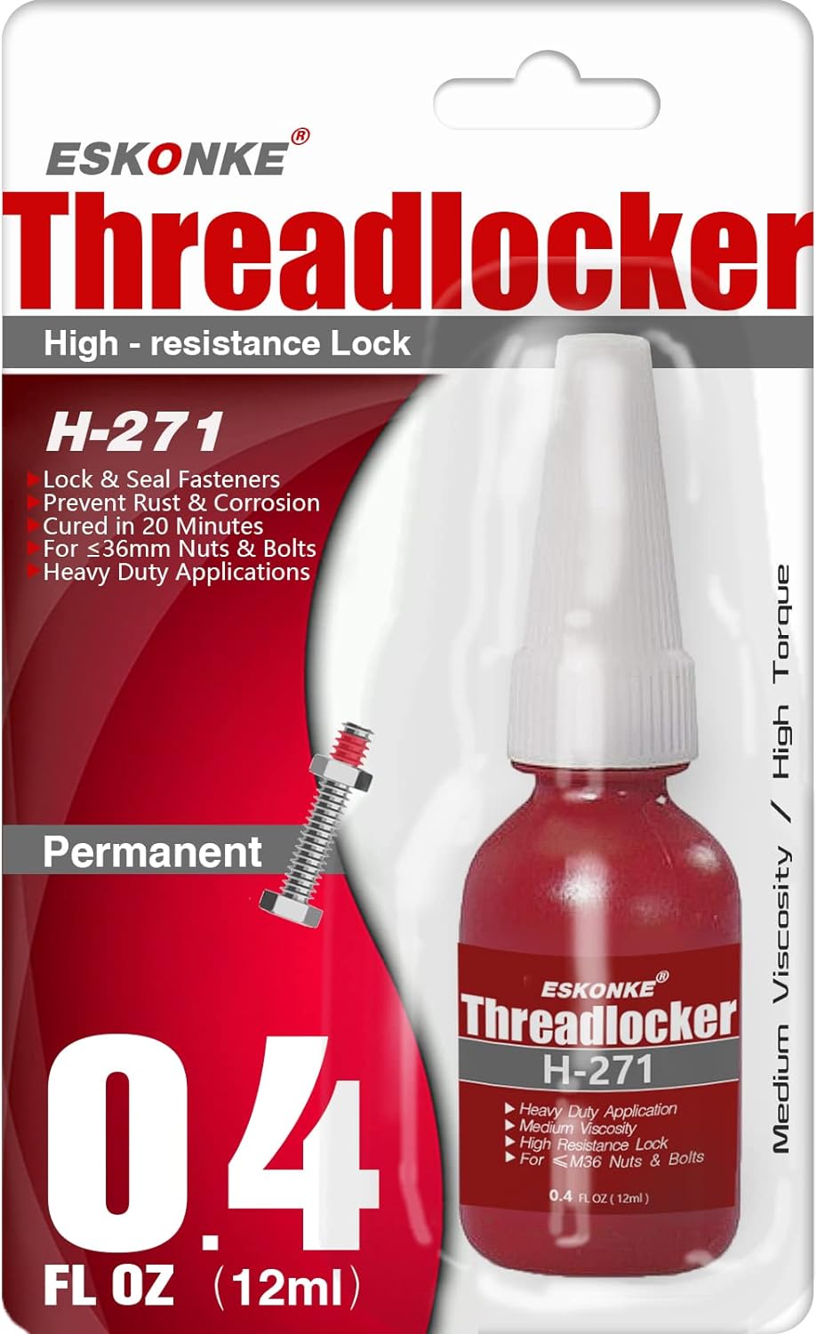 ESKONKE Red Threadlocker H-271 High Strength 0.4 Oz(12 ml) Lock Tight