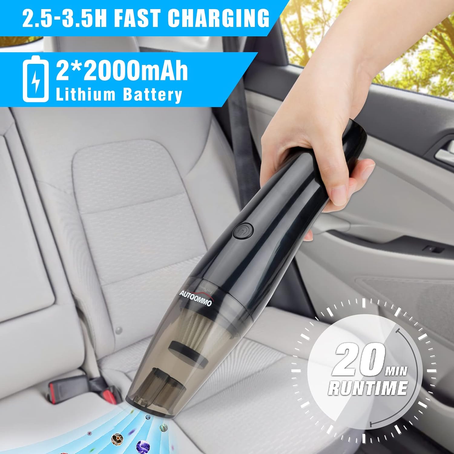 AUTOOMMO Car Vacuum Cleaner -  5000PA Cordless Handheld Vacuum Cleaner 70W Portable Mini Car Vacuum Cleaner with Rechargeable 2x2000mAh