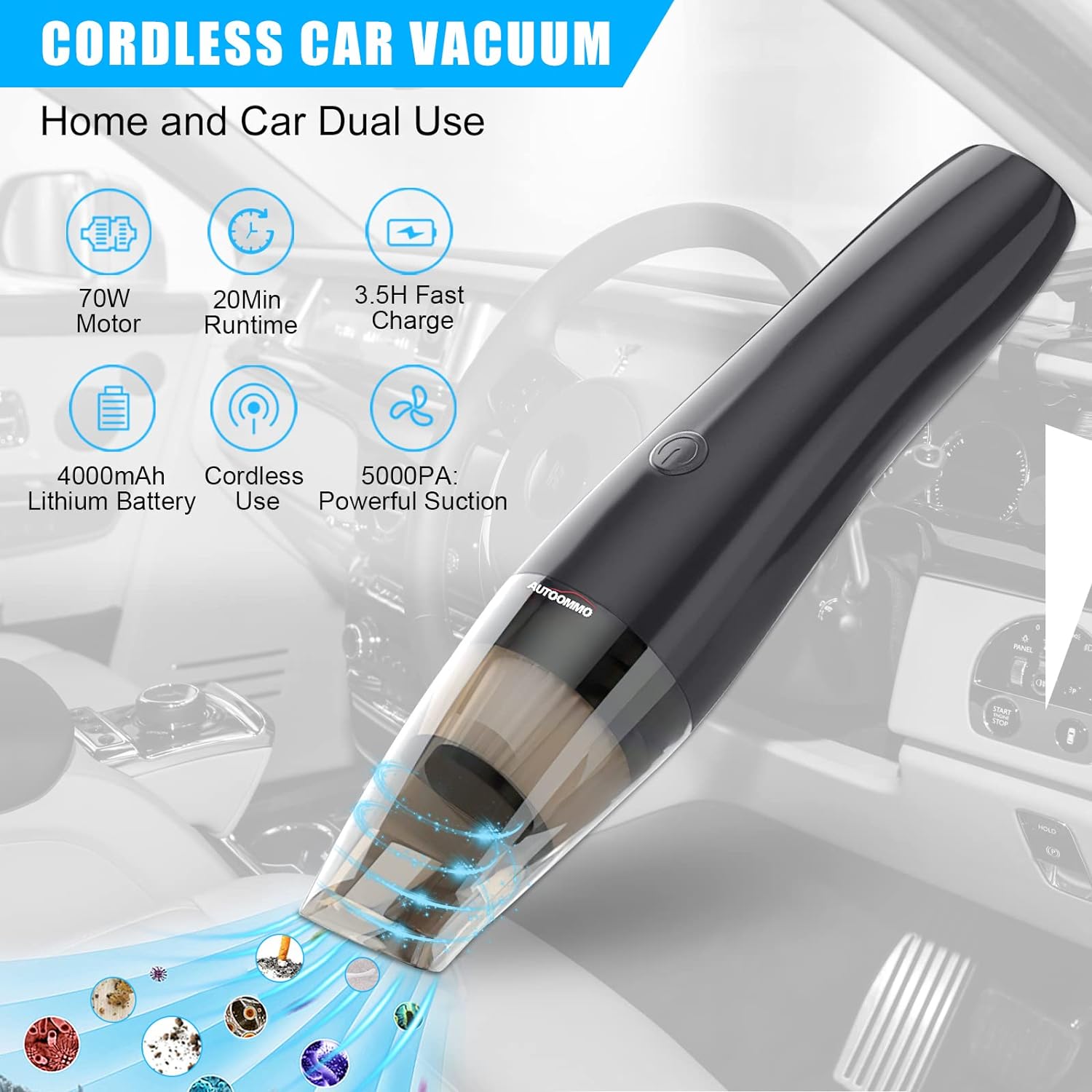 AUTOOMMO Car Vacuum Cleaner -  5000PA Cordless Handheld Vacuum Cleaner 70W Portable Mini Car Vacuum Cleaner with Rechargeable 2x2000mAh