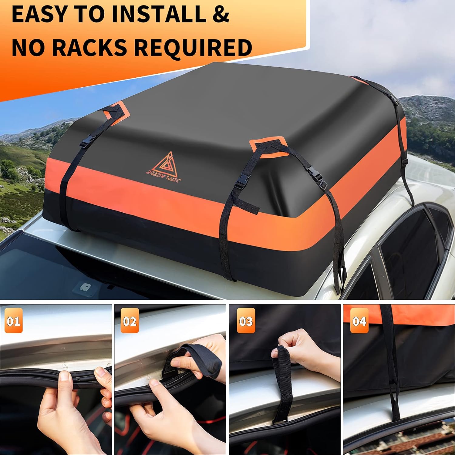 JOJOY LUX Car Rooftop Cargo Carrier Bag, 15 Cubic Feet Waterproof Heavy Duty 720D Car Roof Luggage Bag for All Vehicle with/Without Racks