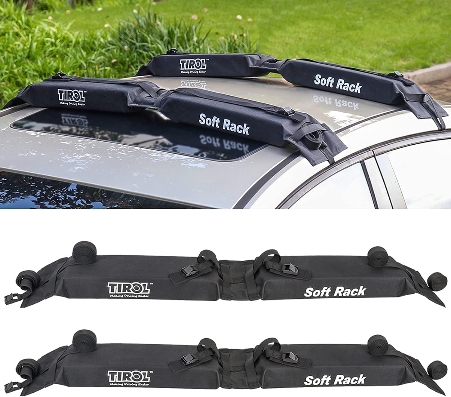 Tirol Soft Roof Rack 2 Pairs Kayak roof Rack Pads Load132lb Foldable Oxford Universal Luggage Top Roof Rack Cargo Carrie for Ka