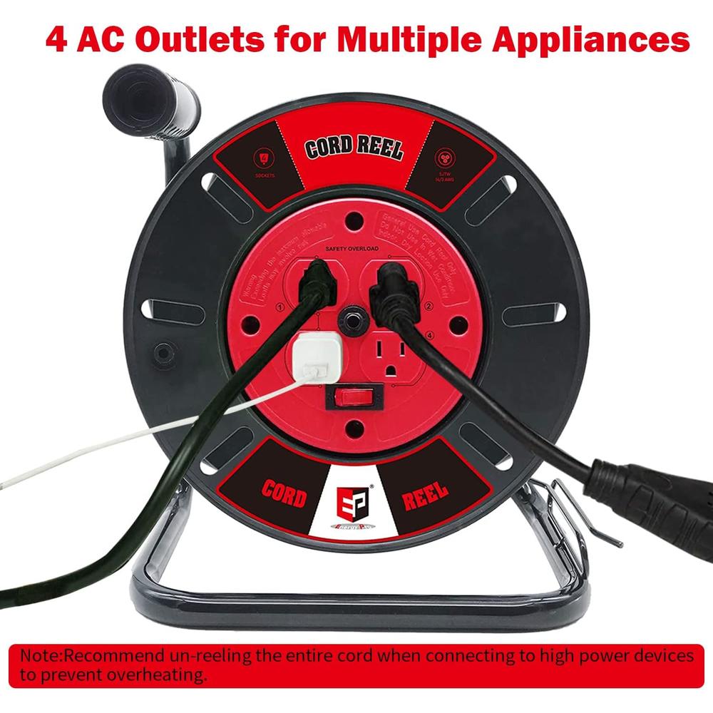 EP Extension Cord Storage Reel with 4-Grounded Outlets, Heavy Duty Open  Cord Reel for 12/3 14/3 16/3 Power Cords, Portable Empty H