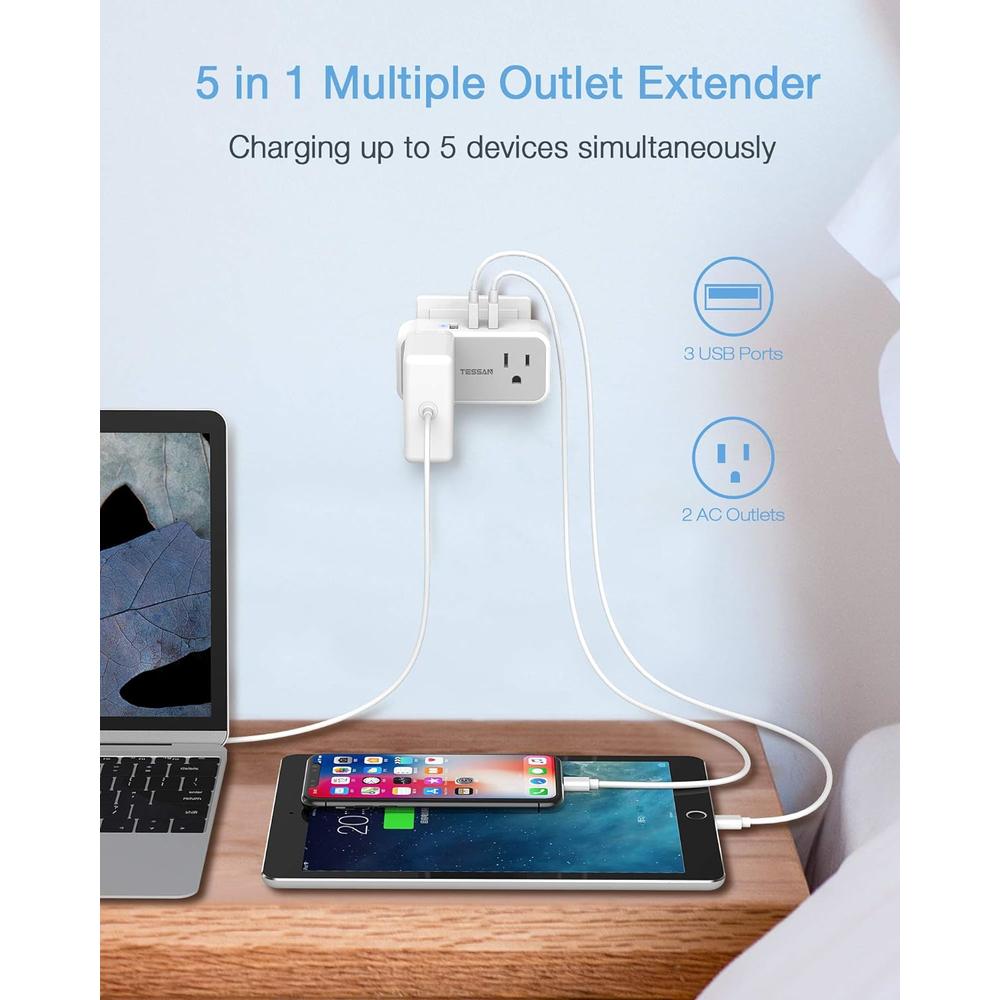 TESSAN 2 Prong to 3 Prong Outlet Adapter,  US to Japan Plug Adapter with 2 Outlets 3 USB Wall Charger, Travel Power Splitter for USA t