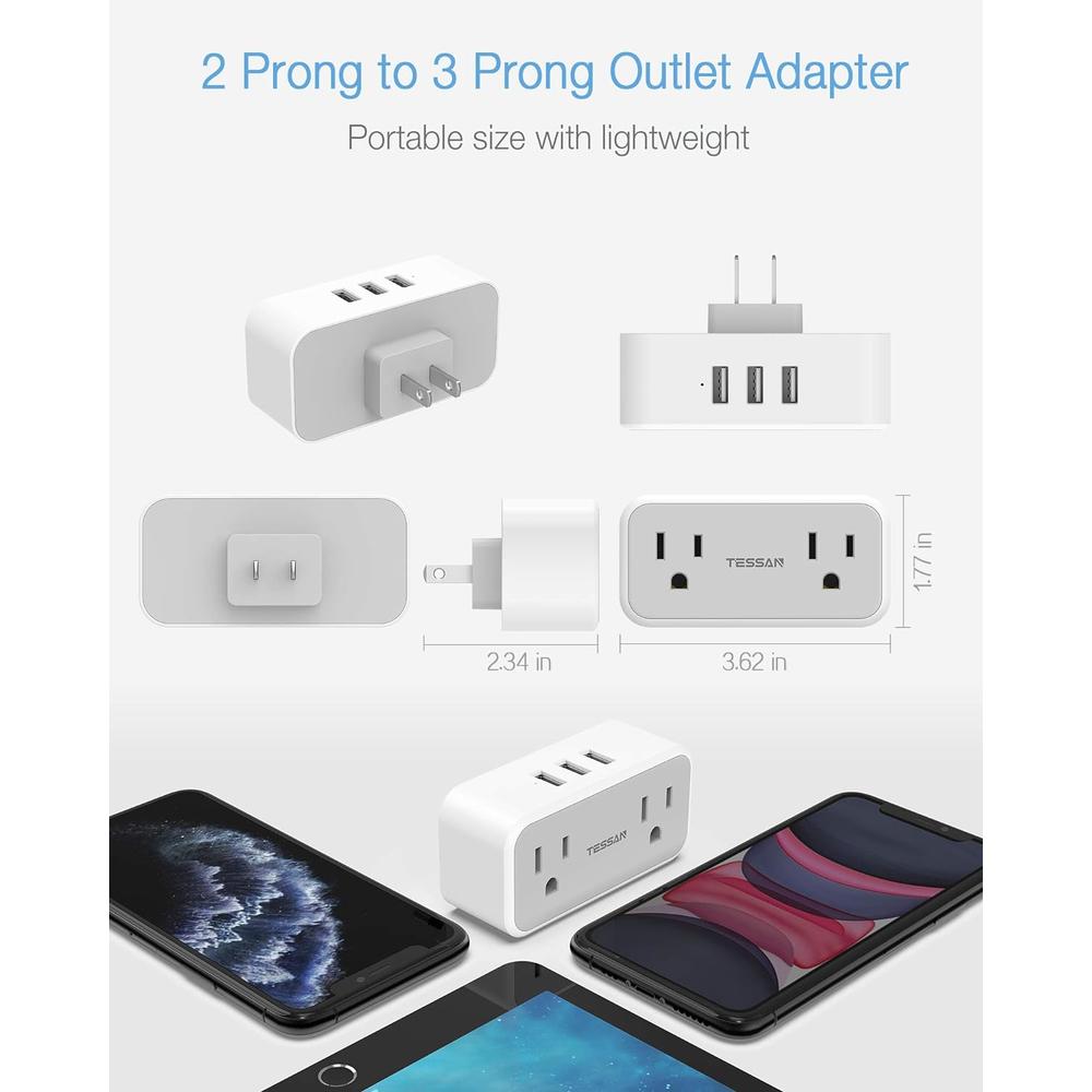 TESSAN 2 Prong to 3 Prong Outlet Adapter,  US to Japan Plug Adapter with 2 Outlets 3 USB Wall Charger, Travel Power Splitter for USA t