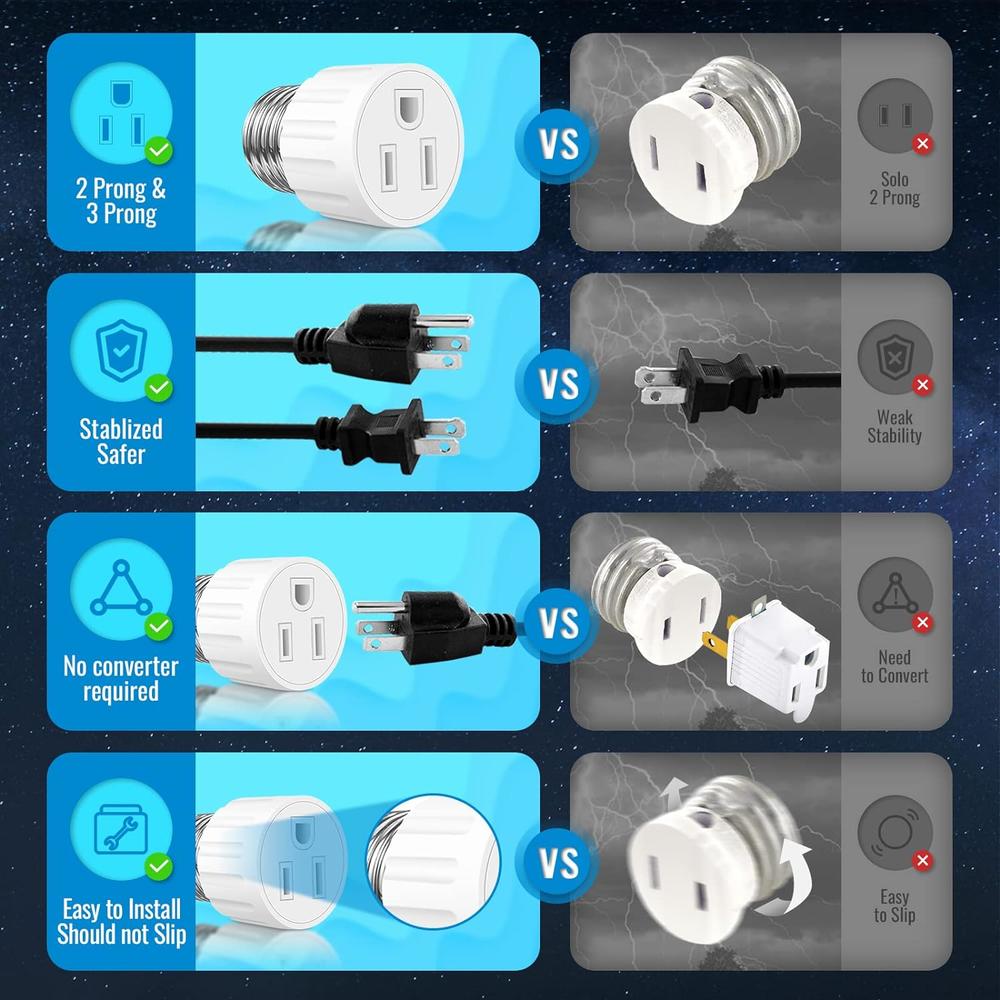 Generic 2 Pack E26/E27 3 Prong Light Socket to Plug Adapter, Polarized Screw in Outlet for Light Socket Adapter Outlet 3Prong Light Bul