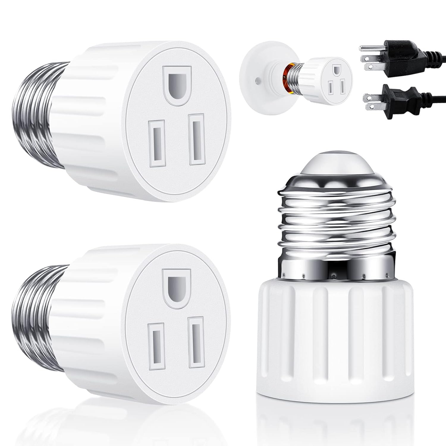Generic 2 Pack E26/E27 3 Prong Light Socket to Plug Adapter, Polarized Screw in Outlet for Light Socket Adapter Outlet 3Prong Light Bul