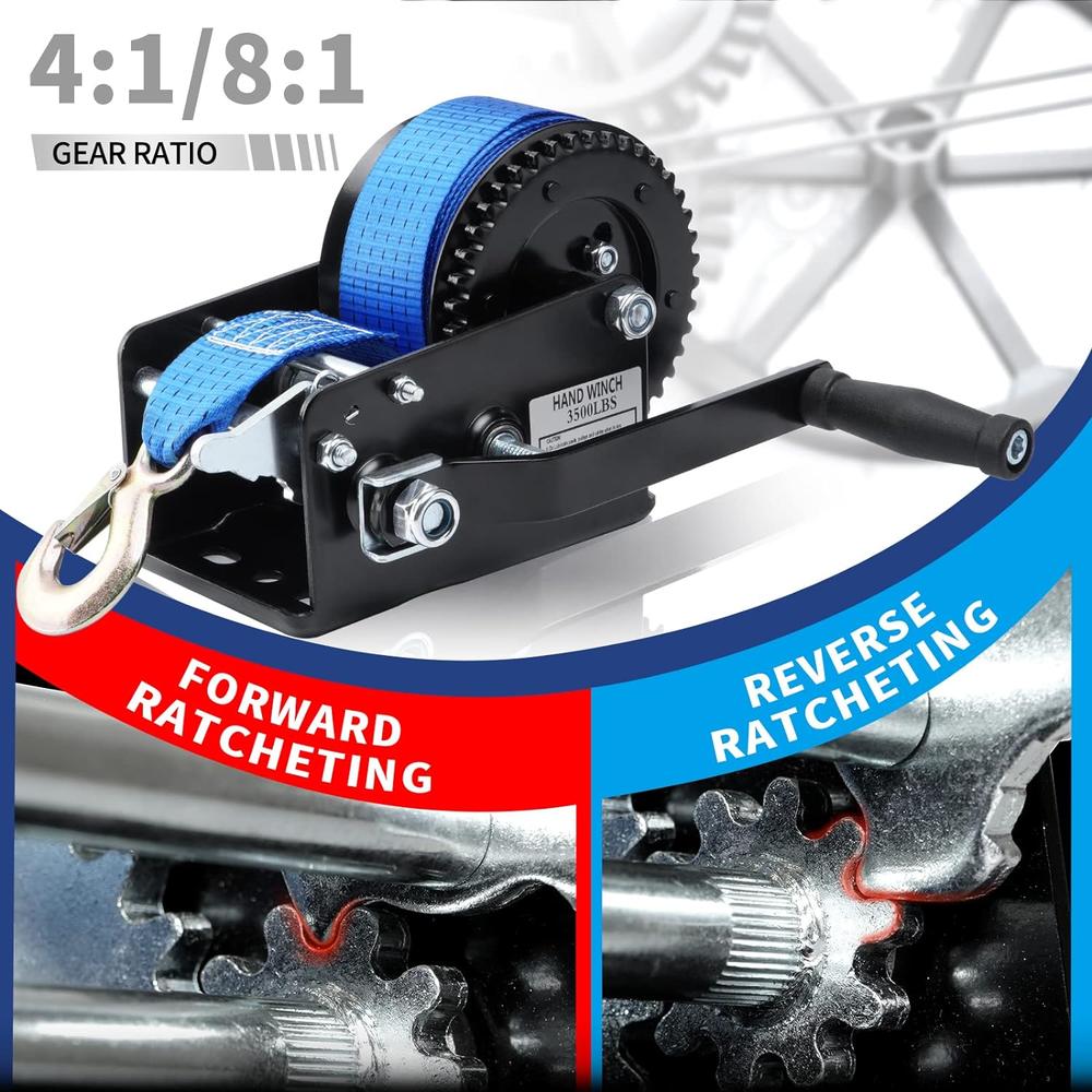 SPARKWHIZ Boat Trailer Winch Hand Winch 3500lbs Heavy Duty Hook with 33ft (10m) Polyester Strap Hand Crank Winch, Two Way Ratchet Boat Wi